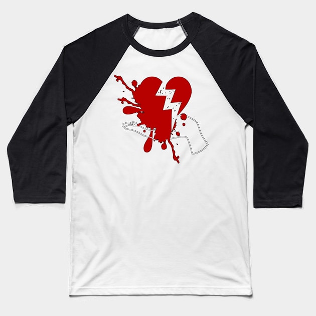 Broken heart art with blood spatter effect Baseball T-Shirt by JENNEFTRUST